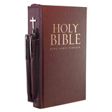Bible Bookmark With Two Pen Holders with pens in spine of a bible