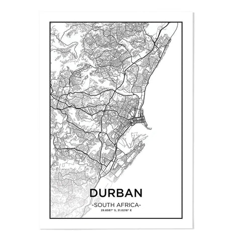 Durban City Map in black and white