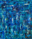 An abstract painting featuring a textured, layered composition of various shades of blue, teal, and white with subtle hints of dark navy and orange.