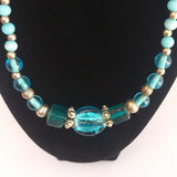Beaded Ladies Necklace Blue White Metal Beads Close up of pendant