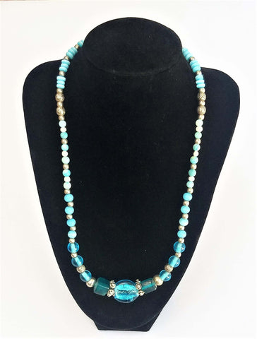 Beaded Ladies Necklace Blue White Metal Beads on jewelry stand