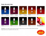 Dala Alcohol Ink Colour Chart showing nine colours and blending solution