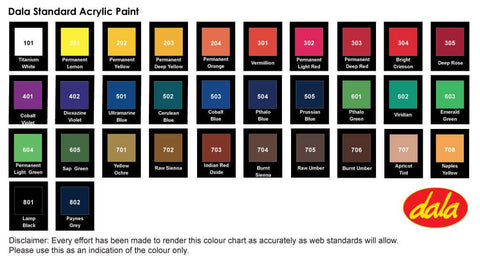 Dala Standard Artists Acrylic Paint Colour Chart