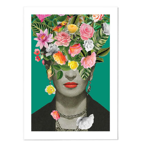 Floral Art by Frida Kahlo fine Art Print shows the artist with a flowers on her head