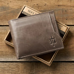 John 3:16 Cross Genuine Leather Christian Mens Wallet on top of gift box