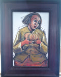 Pumpkin Woman - Itai Vangani - Framed Acrylic painting on board in brown wooden frame